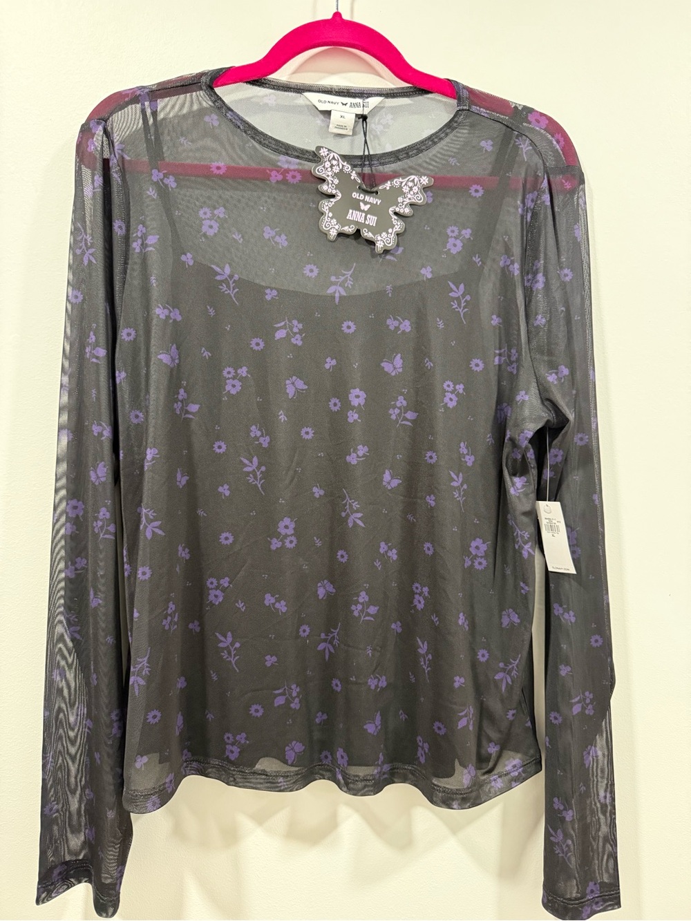 Old Navy x Anna Sui Black Sheer Long-Sleeve Tee with Lavender Butterfly  Print
